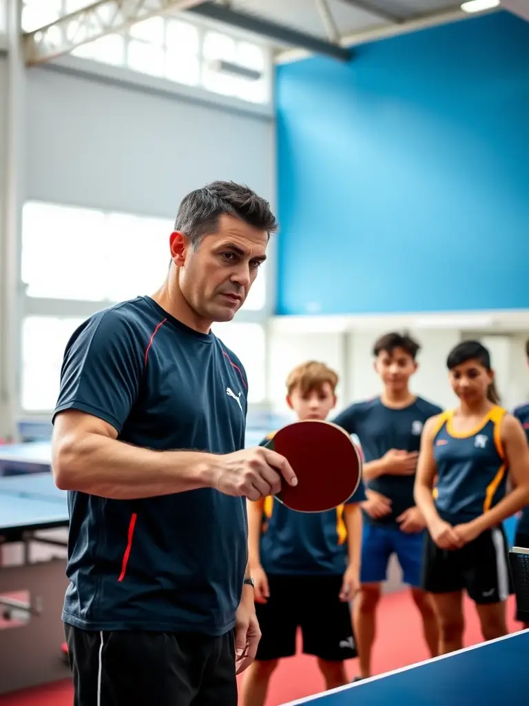 An image of a coach instructing a group of players during a training session, with players focused on their strokes, showcasing the club's training programs.