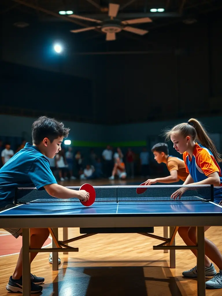 A lively image of players competing in a local table tennis tournament, with spectators cheering, highlighting the club's competitive events.