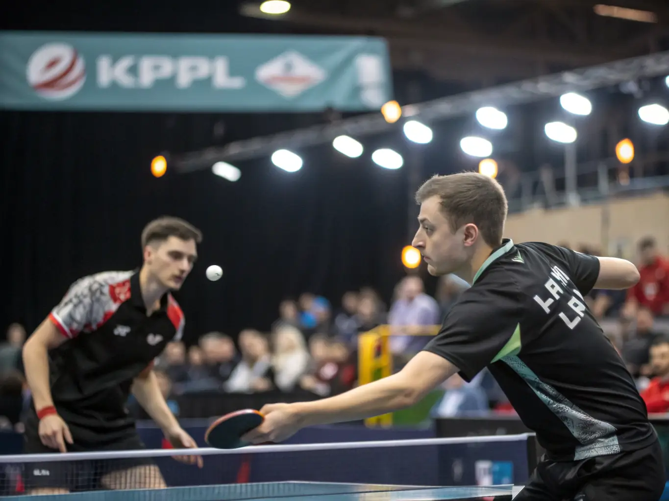 A lively image of players competing in a local table tennis tournament, with spectators cheering, capturing the excitement and energy of the event.