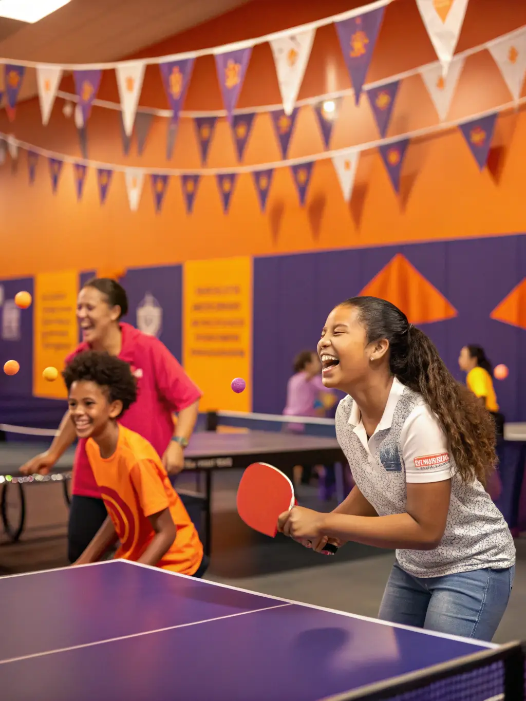 Members participating in a community event, smiling and engaging in friendly matches, promoting the club's community involvement.