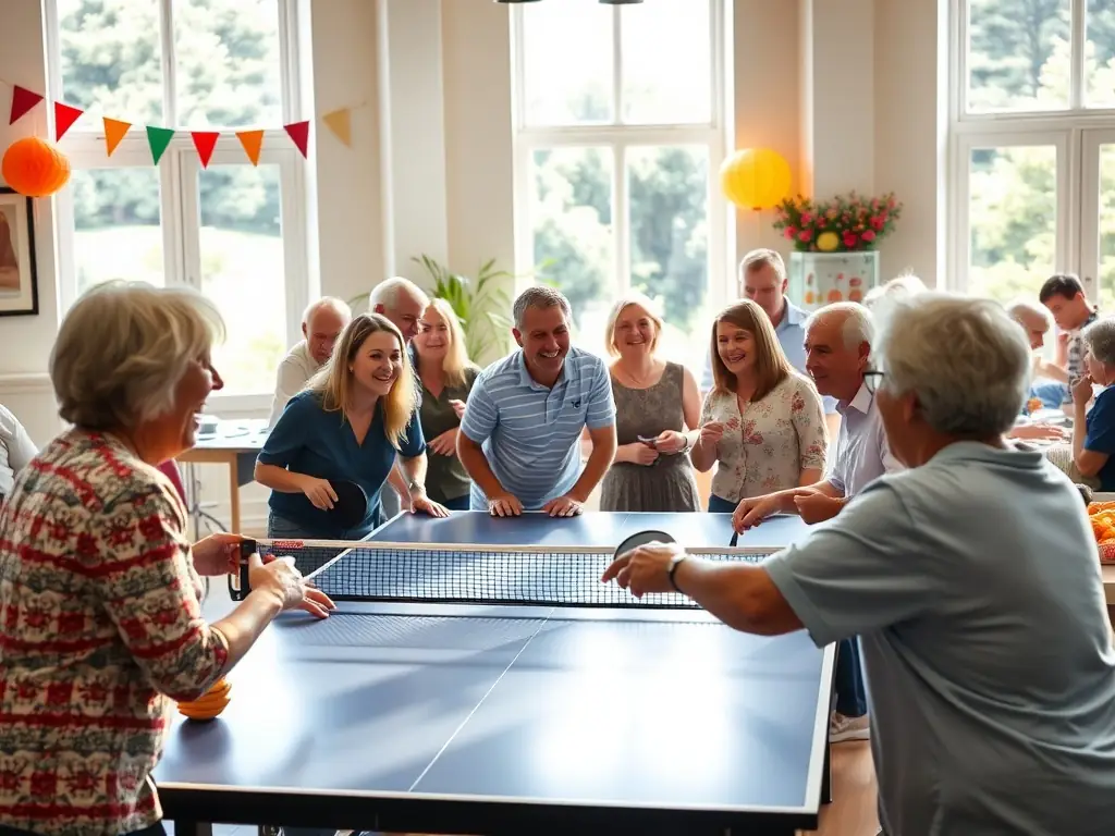 Members participating in a community event, smiling and engaging in friendly matches, set in a park during a sunny day.